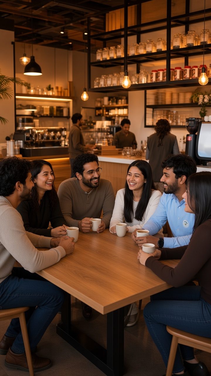 Amigos riendo alrededor de una mesa con café