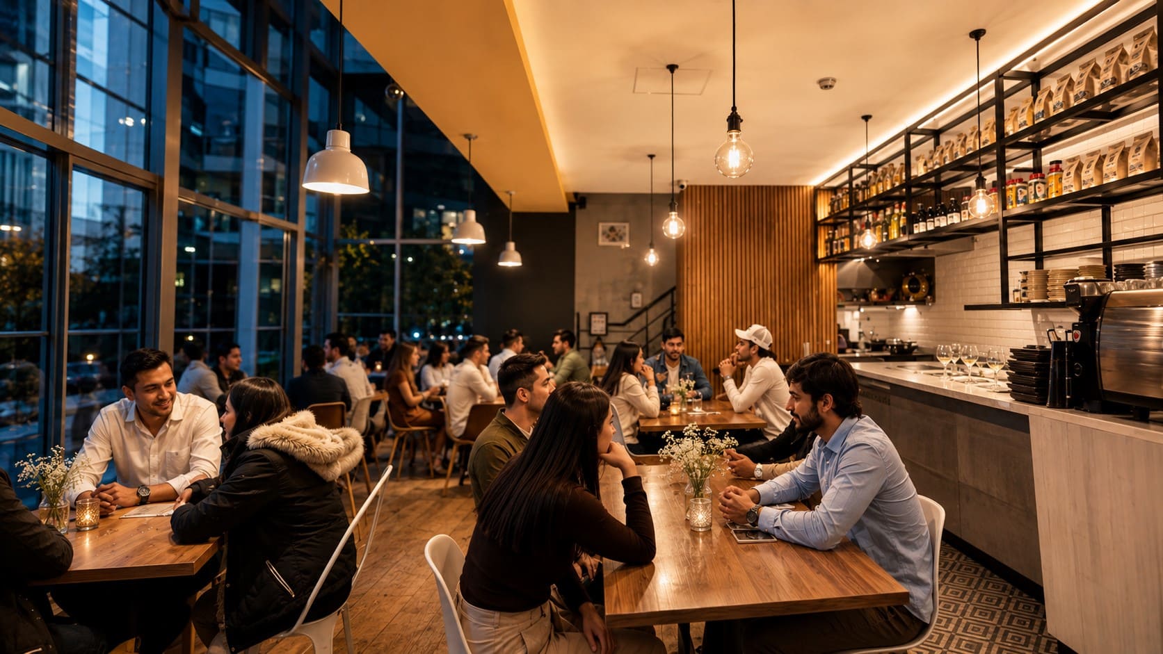 Grupo de solteros cristianos conversando en un café durante un evento de AL Punto